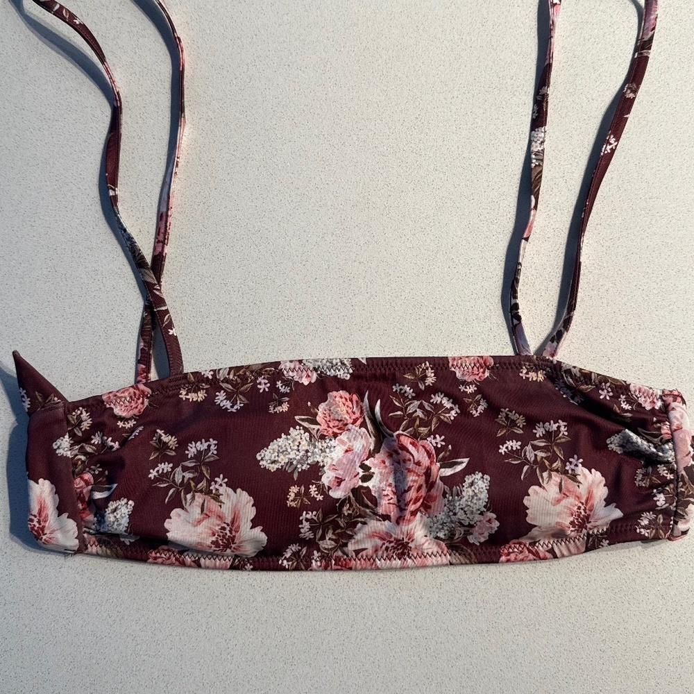Floral Tie-Up Bandeau Bikini Top Red/Brownish Color w/ Pink and White Floral